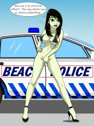 bikini bikini_top black_bikini black_bikini_top bottomless covering_crotch dark_hair dialogue disney disney_channel english_text exhibitionism exhibitionist female female_focus fnbman functionally_nude functionally_nude_female green_eyes green_skin high_heels imminent_arrest kim_possible looking_at_viewer police_car shego text