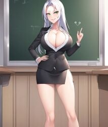 1girls ai_generated anime_style athletic athletic_female bare_legs big_breasts big_eyes breasts busty chalkboard classroom cleavage enmashusui female fit fit_female green_eyes hand_on_hip hands_up happy_female hourglass_figure huge_breasts legs light-skinned_female light_skin long_hair long_legs looking_at_viewer milf miniskirt original_character pose posing school sleekette smile smiling smiling_at_viewer straight_hair suit tall tall_female tall_girl taller_girl teacher teaching tease thick thick_thighs toned toned_body toned_female toned_legs unbuttoned unbuttoned_shirt white_hair