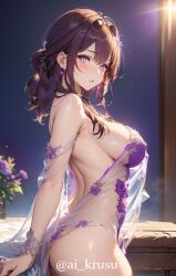 1girls ai_generated almost_naked ass blush earrings eyewear_on_head honkai:_star_rail kafka_(honkai:_star_rail) large_breasts looking_at_viewer nightgown purple_hair revealing_clothes round_ass see-through_clothing standing sunglasses_on_head transparent_clothing viewed_from_side