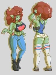 1girls afro big_breasts cuore_(oc) dress_up female fully_clothed green_skin huge_ass huge_butt huge_thighs large_ass large_butt oc original original_artwork original_characters red_hair thick_ass thick_hips thick_legs thick_thighs thighs trem.hunt.er_(artist) wide_hips wide_thighs yellow_eyes