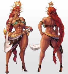 1girls abs arm_strap ass biceps blue_lipstick braided_hair breasts breath_of_the_wild bubble_butt dark-skinned_female female female_only gerudo green_eyes headwear heavy_breathing high_heels holding_sword hourglass_figure huge_breasts kingbang kongman99 long_hair looking_at_viewer looking_back muscular muscular_female muscular_shoulders muscular_thighs neck_ring no_sex non-nude pointy_ears red_hair riju scimitar single_braid skimpy solo solo_female standing stiletto_heels sweat sword tears_of_the_kingdom text the_legend_of_zelda thick_thighs underboob very_high_heels very_long_hair voluptuous