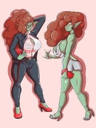 1girls afro big_breasts cuore_(oc) dress_up female fully_clothed green_skin huge_ass huge_butt huge_thighs large_ass large_butt oc original original_artwork original_characters red_hair thick_ass thick_hips thick_legs thick_thighs thighs trem.hunt.er_(artist) wide_hips wide_thighs yellow_eyes