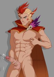 1boy barely_clothed cum cumshot drawsome-d erection hand_on_penis huge_cock league_of_legends male male_focus male_nipples male_only masturbation muscular muscular_male nipples pinching_nipples rakan