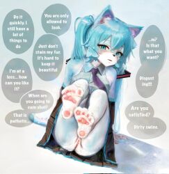 animal_ears arm_support bare_shoulders barefoot black_skirt black_sleeves blue_eyes blue_fur blue_hair blue_shirt cat_ears cat_feet cat_girl cat_tail censored collared_shirt commentary detached_sleeves dutch_angle english_text female full_body furrification furry furry_female hair_between_eyes hatsune_miku highres legs_up long_hair looking_at_viewer mosaic_censoring necktie no_panties parted_lips pleated_skirt purple_necktie pussy shirt sitting skirt sleeveless sleeveless_shirt solo sweetonedollar tail twintails two-tone_fur vocaloid white_fur