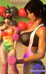 2girls 3d athletic athletic_female blizzard_entertainment busty dzerodzeroni female female_focus female_only hourglass_figure kiriko_(overwatch) lara_croft lara_croft_(survivor) overwatch tagme tomb_raider tomb_raider_(survivor) wide_hips