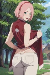 1girls ai_generated boruto:_naruto_next_generations dress facial_mark female female_focus forehead_mark forest from_behind green_eyes hair_ornament hairband haruno_sakura koikoi light-skinned_female light_skin long_hair mature mature_female milf nai_diffusion naruto naruto_(series) nature outdoors pants petite pink_hair sakura_haruno solo stable_diffusion uchiha_symbol undressing