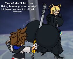 allstarman between_ass between_buttocks between_cheeks big_ass black_cloak blonde_hair blue_eyes brown_hair clenched_ass cloak dialogue female holding_object_between_buttocks huge_ass key keyblade kingdom_hearts large_ass larxene laughing male nobody_(kingdom_hearts) sora weapon weapon_between_buttocks