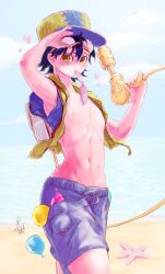 1boy balloon bare_midriff beach blue_hair day femboy fire_emblem fire_emblem_engage food goggles green_hair hat jean_(fire_emblem) looking_at_viewer male male_only midriff mouth_hold nintendo ocean sand short_hair solo swim_trunks swimsuit ta_dasu_(tadasu_hayashi) toy water water_balloon water_gun wet