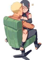 1boy 1girls 2020 ac120 age_difference black_footwear black_gloves black_hair blonde_hair boruto:_naruto_next_generations chair cheating cheating_husband closed_eyes clothes_lift cuddling dated elbow_gloves female fingerless_gloves forehead_protector glasses gloves hand_on_another's_shoulder highres magi naruto naruto_(series) office_chair red-framed_eyewear red_headwear sandals sarada_uchiha shirt_lift short_hair simple_background sitting sitting_on_person smile straddling swivel_chair teeth toes uchiha_sarada uzumaki_naruto white_background