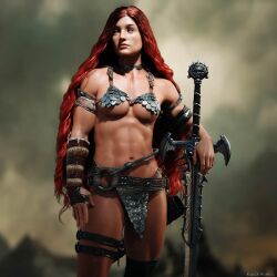 1girls abs armor athletic athletic_female eye_scar muscular muscular_female red_hair red_sonja rigelmundo scar skimpy_armor small_breasts sword warrior