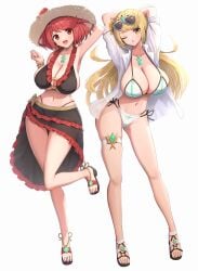 2girls armpits bangs bikini blonde_hair breasts cleavage core_crystal female gold_eyes gonzarez hi_res huge_breasts long_hair mythra nintendo outdoors pyra red_eyes red_hair short_hair smile swept_bangs swimsuit thick_thighs xenoblade_(series) xenoblade_chronicles_2