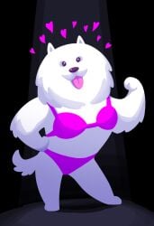 1boy annoying_dog_(undertale) bikini bikini_bottom bikini_top black_background canid canine canon_crossdressing dark_background flexing hand_on_hip heart paws pink_bikini pink_bikini_bottom pink_bikini_top silly toby_fox tongue tongue_out undertale undertale_(series) white_fur zebrafeets-art_(artist)