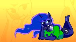 ass blue_body creeper dark_blue_skin feet friday_night_funkin friendship_is_magic green_shirt indigo_hair minecraft my_little_pony princess_luna_(mlp) purple_hair simple_background smiling solo_female woman_feet