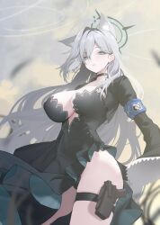 1girl 1girls abydos_high_school_student big_breasts black_dress black_halo blue_archive blue_eyes choker halo heterochromatic_pupils hourglass_figure large_breasts long_hair shiroko_(blue_archive) shiroko_(terror)_(blue_archive) silver_hair solo solo_female thick_thighs white_hair white_pupil wolf_ears wolf_girl xiujia_yihuizi