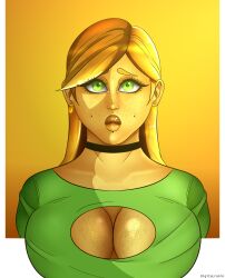 artist_request big_breasts big_lips blush digitalronin fat_lips green_clothing green_eyes huge_breasts inviting large_areolae large_breasts large_hair long_hair looking_at_viewer orange_background orange_hair out_of_frame revealing_clothes simple_background smile sparkles yellow_body yellow_hair