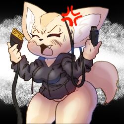 aggressive_retsuko aggretsuko angry anthro apsel_bluestar big_breasts breasts cables canid canine clothed clothing female fennec fenneko fox jacket mammal no_underwear sanrio short_stack shortstack simple_background solo tail thick_thighs topwear wide_hips