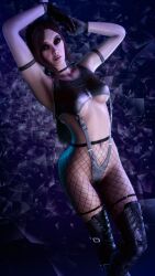 1female body_suit bondage_outfit boots cameltoe choker curvy_figure eyeshadow fishnets gloves jules_abel nopixel perky_breasts pony_tail solo_female solo_focus underboob