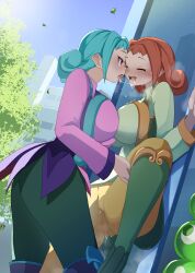 2girls ally_(puyo_puyo) ass big_ass big_breasts blue_hair blush boots breasts cameltoe closed_eyes curly_hair dress huge_breasts kissing large_ass large_breasts leg_grab looking_pleasured monobe multiple_girls one_leg_up open_mouth orange_hair pink_eyes pussy pussy_juice puyo_puyo rafisol_(puyo_puyo) saliva sega thick_thighs thighs tights tongue_out yuri