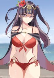 1girls absurdres arms_behind_back bikini black_cape black_hair cape collar female female female_only fire_emblem fire_emblem_awakening fire_emblem_heroes highres looking_at_viewer n_54 navel nintendo o-ring o-ring_bikini official_alternate_costume parted_lips purple_eyes red_bikini red_swimsuit shaded_face side-tie_bikini_bottom smile solo swimsuit tharja_(fire_emblem) tharja_(summer)_(fire_emblem)