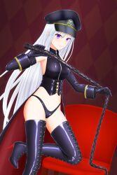 1boy 1girls azur_lane boots dominatrix enterprise_(azur_lane) femdom holding_whip latex latex_boots peaked_cap thigh_boots thighhighs tyaranporanpo whip whip_marks