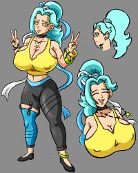 blue_hair bracelets green_eyes huge_breasts necklace oc original_character ponytail superspacewarrior thick_thighs volta_(superspacewarrior)