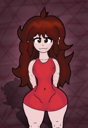 brown_eyes brown_hair dress friday_night_funkin girlfriend_(friday_night_funkin) huge_ass long_hair muscular muscular_female nipples_visible_through_clothing red_dress shadow susielover12_(artist) white_skin