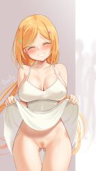 absurdres aki_rosenthal bare_shoulders blonde_hair blush breasts cleavage clothes_lift collarbone dress dress_lift female grin harry_(dudwofla) highres hololive hololive_gen_1 hololive_japan large_breasts lifted_by_self long_hair low_twintails no_panties parted_bangs pubic_hair pussy smile solo thigh_gap thighs twintails uncensored virtual_youtuber white_dress