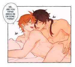 2boys ass black_hair brown_hair childe_(genshin_impact) enesfwee english english_text gay gay_sex genshin_impact ginger hands_on_ass male male_only male_penetrating orange_hair tartaglia_(genshin_impact) white_background yaoi zhongli_(genshin_impact)