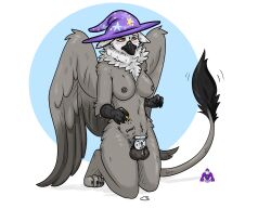 anthro areola avian balls blush bodily_fluids breasts broken_key chastity_cage chastity_device dripping feathered_wings feathers felineelement futanari gallagher_(fursona) genital_fluids genitals gryphon gynomorph hasbro hi_res intersex key key_disposal magician_hat my_little_pony mythological_avian mythology nipples nude penis permanent_chastity precum precum_drip simple_background solo white_background wings