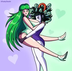 2girls artist_name breasts curvaceous dark_green_hair face_in_breasts facial_tattoo female female_only fingernails funkythor64 green_eyes green_hair green_leotard green_lipstick hands_on_shoulders hearts_in_background heels high_heels indigo_eyes kid_icarus kid_icarus_uprising large_ass large_breasts leotard light_green_clothing long_green_hair long_hair looking_at_viewer medusa_(kid_icarus) nintendo open_mouth pale_skin palutena purple_leotard sharp_fingernails side_view smile snake_hair stand_and_carry stand_and_carry_position tagme thick_thighs yuri