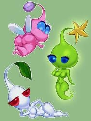 3girls anthro ass barefoot big_ass breasts completely_nude completely_nude_female female female_only full_body glow_pikmin looking_at_viewer looking_back multiple_girls naked naked_female nude nude_female on_side pikmin pikmin_(species) sleepiitreat white_pikmin winged_pikmin wings