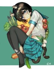 absurdres animal_ear_fluff animal_ears asparagus between_legs black_hair black_pantyhose blue_eyes blue_sailor_collar blue_skirt blush cable_tie carrot cat_ears cat_girl cat_tail commentary crying crying_with_eyes_open cucumber drooling female food full_body green_background highres iuui looking_at_viewer midriff no_shoes object_insertion original pantyhose pleated_skirt pussy_juice restrained sailor_collar school_uniform serafuku shirt short_hair skirt solo symbol-only_commentary tail tears tomato two-tone_background variant_set vegetable white_background white_shirt