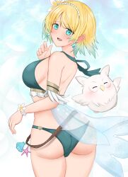 1girls alternate_costume ass back back_view bare_back bare_thighs belt big_ass bikini blonde_hair blue_eyes breasts butt_crack earrings feh_(fire_emblem_heroes) female female_only fire_emblem fire_emblem_heroes fjorm_(fire_emblem) fjorm_(summer)_(fire_emblem) flower green_bikini green_swimsuit hair_flower large_breasts looking_back nintendo official_alternate_costume open_mouth see-through shell short_hair smile solo swimsuit thick_thighs thighs toshimasa veil