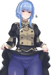 1girls absurdres ass_visible_through_thighs blue_hair blue_pants blush braid breasts brown_eyes cameltoe closed_mouth clothes_lift crown_braid embarrassed female female_only fire_emblem fire_emblem:_three_houses garreg_mach_monastery_uniform highres large_breasts latte_daruta2 lifted_by_self long_hair long_sleeves marianne_von_edmund medium_breasts nintendo panties pants pantyhose pantylines puffy_sleeves see-through see-through_clothing simple_background skirt skirt_lift solo sweatdrop thighs underwear uniform upskirt visible_underwear white_background