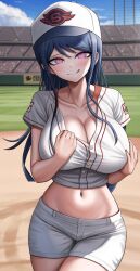 ai_generated baseball_uniform blush cleavage danganronpa danganronpa:_trigger_happy_havoc huge_breasts large_breasts licking_lips looking_at_viewer maizono_sayaka midriff n.c.b_ai naughty_face shorts smirk stable_diffusion