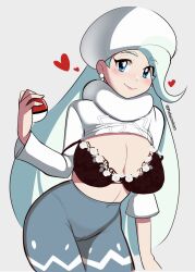 1girls big_breasts black_bra blue_eyes blush bottomwear bra breasts cleavage ear_piercing earrings female female_only game_freak hair hat headwear heart heart hips huge_breasts lace lace-trimmed_bra lace_trim lingerie long_hair mature mature_female mature_woman melony_(pokemon) milf mother pabsmikan pants pokeball pokemon pokemon_ss shirt shirt_up smile solo solo_female topwear white_hair