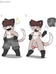 3:4 4_fingers anthro balls black_collar bottomwear brown_body brown_hair clothing collar domestic_cat felid feline felis fingers genitals hair hi_res lattemon male mammal pants pants_off penis simple_background solo solo_female tail white_background yellow_eyes