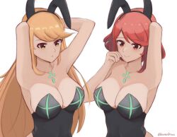 2girls armpits arms_above_head black_leotard blonde_hair breasts bunny_ears bunnysuit core_crystal covered_navel daymandraws fake_animal_ears large_breasts latex leotard long_hair mythra necklace nintendo playboy_bunny pyra red_eyes red_hair short_hair xenoblade_(series) xenoblade_chronicles_2 yellow_eyes