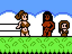 3girls 8-bit barefoot bikini black_hair breasts brown_bikini brown_hair clothed_female_nude_female dress female female_only long_hair navel newd_friend nipples nudist ponytail ponytail_gorl thelewderturner