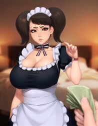 1girls atlus becky_(persona) blush breasts brown_hair cleavage female fully_clothed geshkaw geshtar hips huge_breasts indoors light-skinned_female light_skin long_hair maid money partial_male persona persona_5 prostitution sadayo_kawakami thick_thighs thighs twintails wide_hips