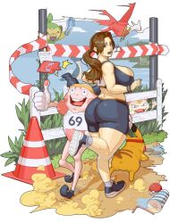 1girls big_ass big_breasts big_butt brown_eyes brown_hair curvy delia_ketchum_(pokemon) grookey huge_ass ictiwinter jogging jogging_outfit lapras large_breasts latias materclaws meowth mr._mime pikachu pokemon pokemon_(species) thick_thighs thumbs_up tight_clothing voluptuous