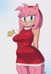 <3_eyes accessory amy_rose anthro bite biting_lip breasts clothed clothing colored dress erect_nipples eulipotyphlan eyelashes female front_view green_eyes hair hair_accessory hairband hands_behind_back heart hedgehog hi_res in_love mammal massivetwo nipple_outline pink-fur pink_hair red_clothing sega simple_background smile solo sonic_(series) sonic_the_hedgehog_(series) standing teeth tight_clothing tight_dress