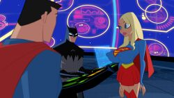 1girls 2023 2boys 2males accurate_art_style alternate_breast_size batman batman_(bruce_wayne) batman_(series) big_breasts bimbo bimbo_body bimbo_lips black_hair blonde_hair blue_eyes bruce_wayne cartoon_network dc dc_comics female indoors justice_league_action kara_zor-el large_breasts lipstick long_hair male screenshot screenshot_edit short_hair skirt supergirl supergirl_(series) superman superman_(series) warner_brothers watchtower woot