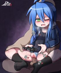 1boy 1boy1girl 1girls black_shirt black_socks blue_hair blue_hoodie censored game_controller gaming green_eyes hoodie jacket konata_izumi lucky_star male mole mole_under_eye mosaic_censoring multitasking one_eye_closed panties panties_aside penis plusion_d shirt sidelocks small_breasts socks straight sweat tagme tank_top vaginal_penetration