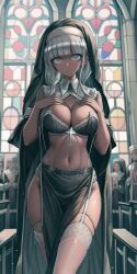 ai_generated big_breasts church cleavage danganronpa danganronpa_v3 dark-skinned_female dark_skin hands_on_breasts large_breasts lingerie looking_at_viewer midriff n.c.b_ai nun nun_hat nun_outfit pelvic_curtain slutty_nun stable_diffusion stockings yonaga_angie