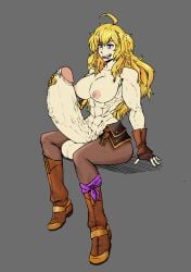 1futa ahoge areolae balls big_breasts blonde_hair breasts clothed clothing erection futa_only futanari huge_cock human light-skinned_futanari light_skin long_hair masturbation muscular muscular_futanari nipples partially_clothed penis rust_and_bolts rwby sitting solo testicles topless undersized_balls yang_xiao_long