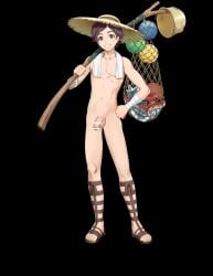 1boy black_background brown_eyes brown_hair censored codename_edit donnel_(fire_emblem) donnel_(summer)_(fire_emblem) edit fire_emblem fire_emblem_awakening fire_emblem_heroes fish footwear grin hat holding holding_object looking_at_viewer male male_only naked_hat net nintendo nude nude_filter nude_male octopus sandals scar short_hair solo stick straw_hat towel towel_around_neck