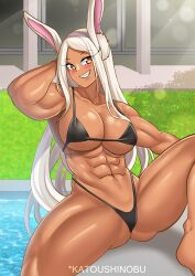 1girls abs alternate_version_available animal_ears big_breasts bikini bikini_bottom bikini_top black_bikini blush bottomwear breasts bunny_ears cleavage female female_only hair huge_breasts katou_shinobu long_hair miruko muscular muscular_female my_hero_academia pool rumi_usagiyama smile solo solo_female thick_thighs thighs topwear usagiyama_rumi white_hair yellow_eyes