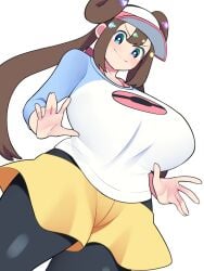 1girls bellupup brown_hair female female_focus female_only frills hair_bun large_breasts leggings looking_at_viewer pokemon pokemon_bw2 rosa_(pokemon) simple_background smile solo solo_female solo_focus tight_clothing tights visor_cap white_background