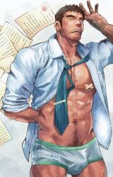 1boy 1male abs bara biceps bulge clothing facial_hair gay hairy hairy_chest hi_res highres male male_focus male_only male_pubic_hair muscular muscular_male nipples nude solo solo_male suamaru0808 underwear